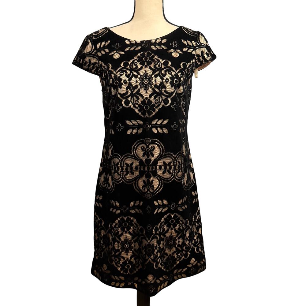 Eliza J Womens Black Velvet Burnout Sheath Dress Sz 8 Lace Nude Date Night Party